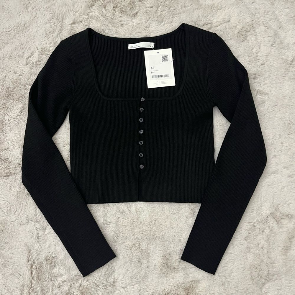 NWT Oak + Fort Square Neck Button Front Ribbed Crop Top Black Y2K XS
